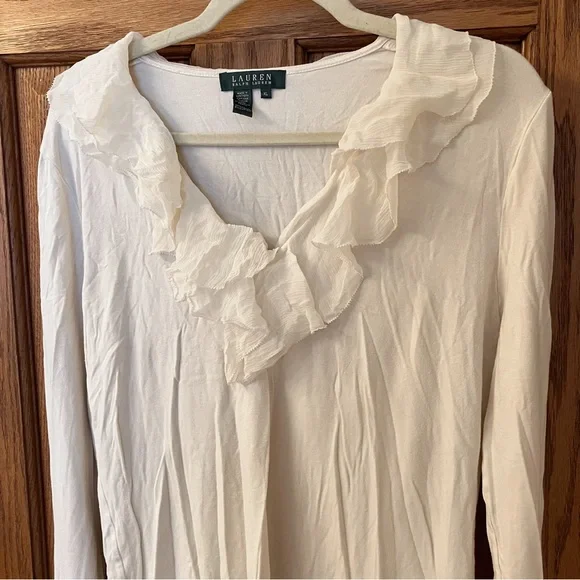LAUREN Ralph Lauren Cream/White Ruffle Trim V-Neck Long Sleeve Shirt Siz… - Picture 4 of 7